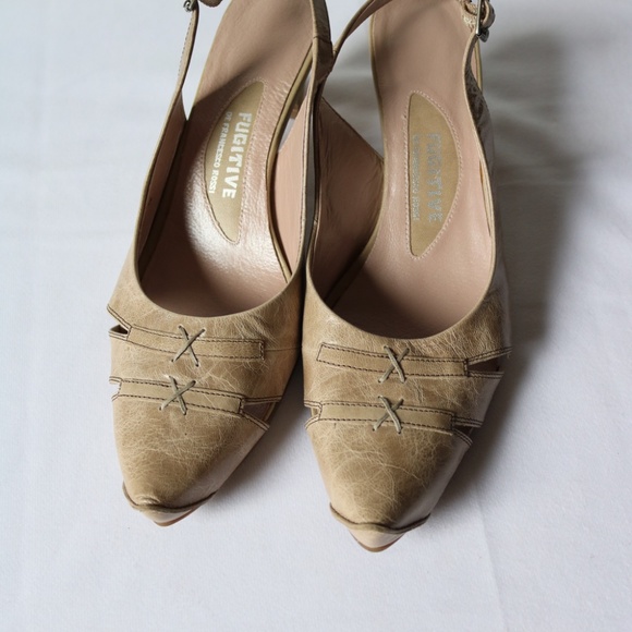 FUGITIVE By Francesco Rossi Leather Sling Back Heels Beige/Kaki Unique Size 38 - Picture 8 of 14